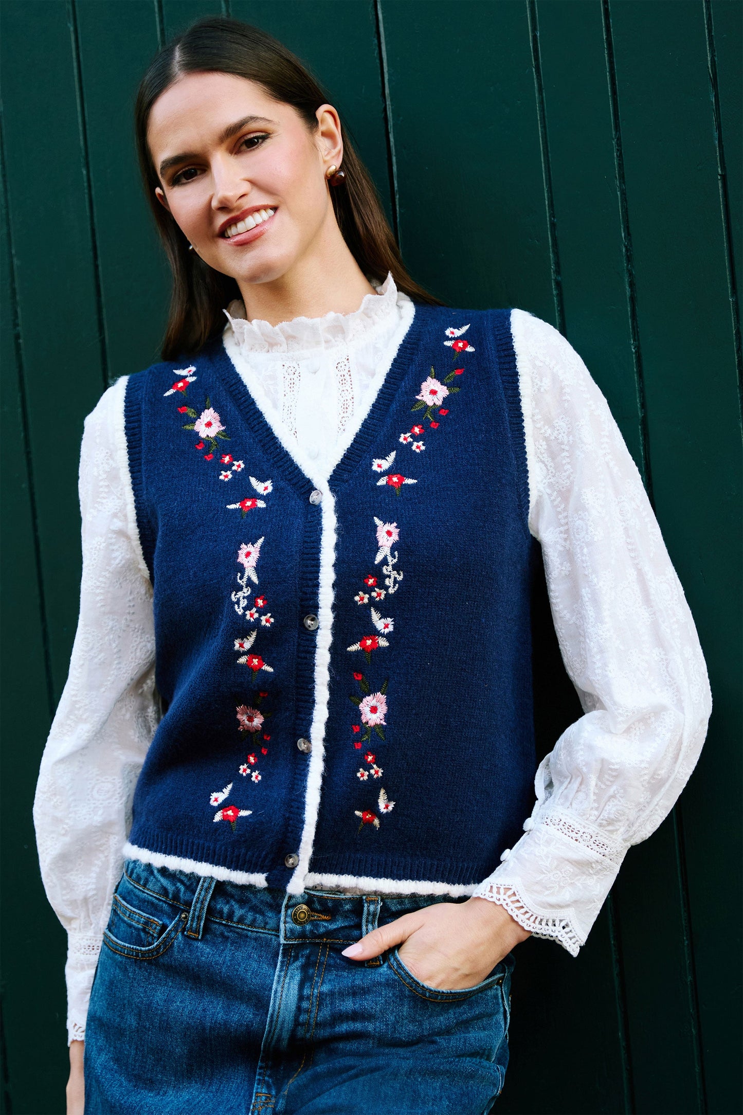 Yumi Navy Embroidered Knitted Waistcoat