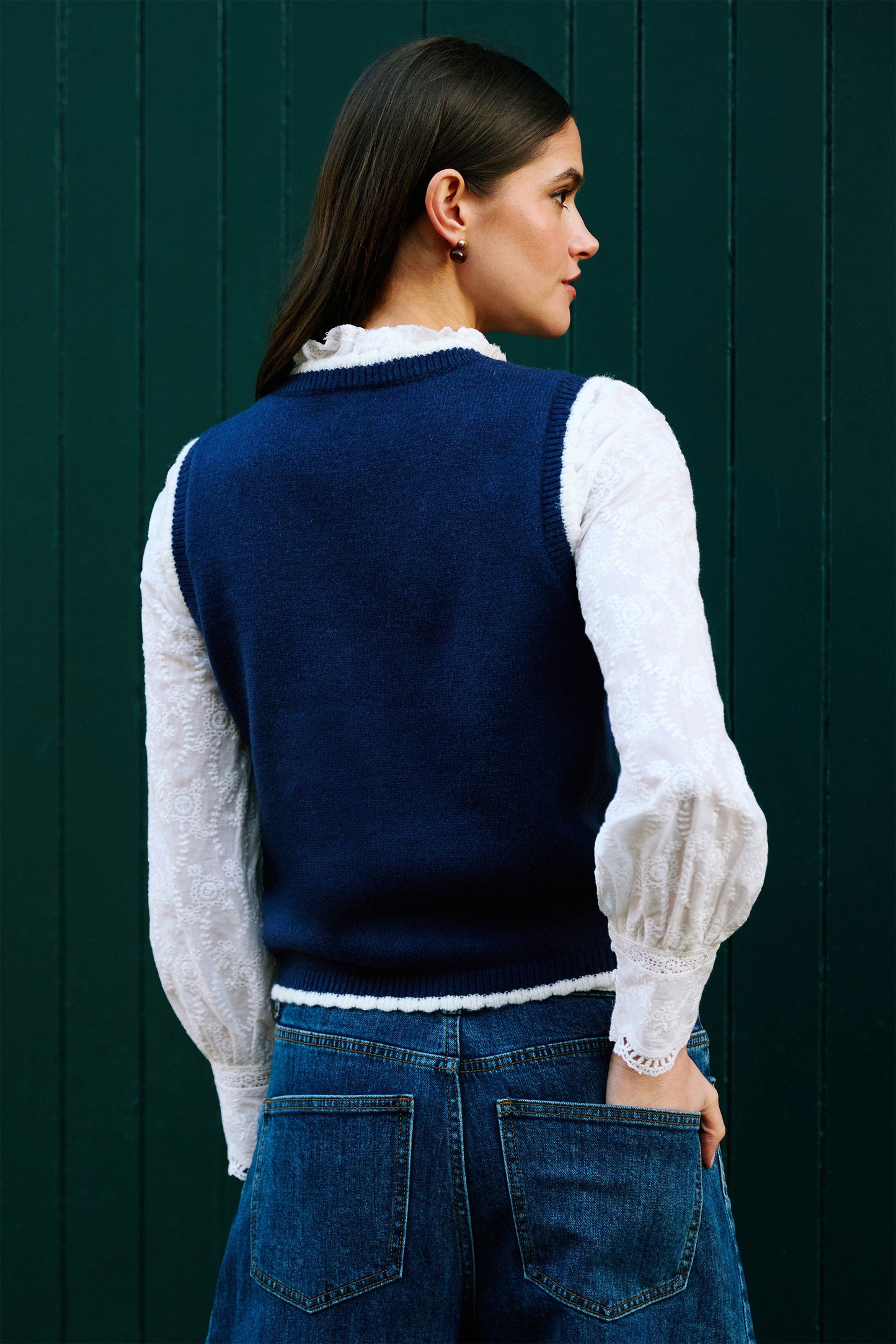 Yumi Navy Embroidered Knitted Waistcoat