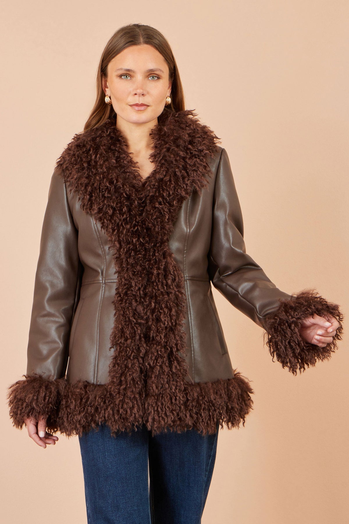Yumi Brown Faux Leather Coat With Faux Fur Trims