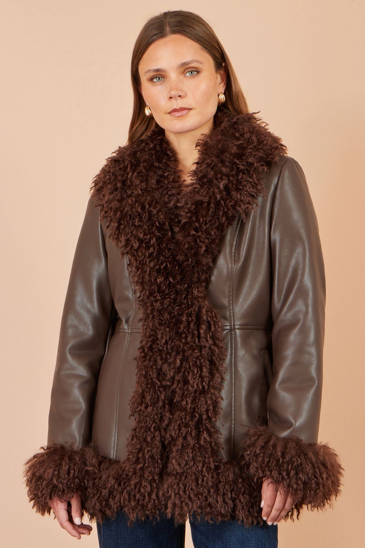Yumi Brown Faux Leather Coat With Faux Fur Trims