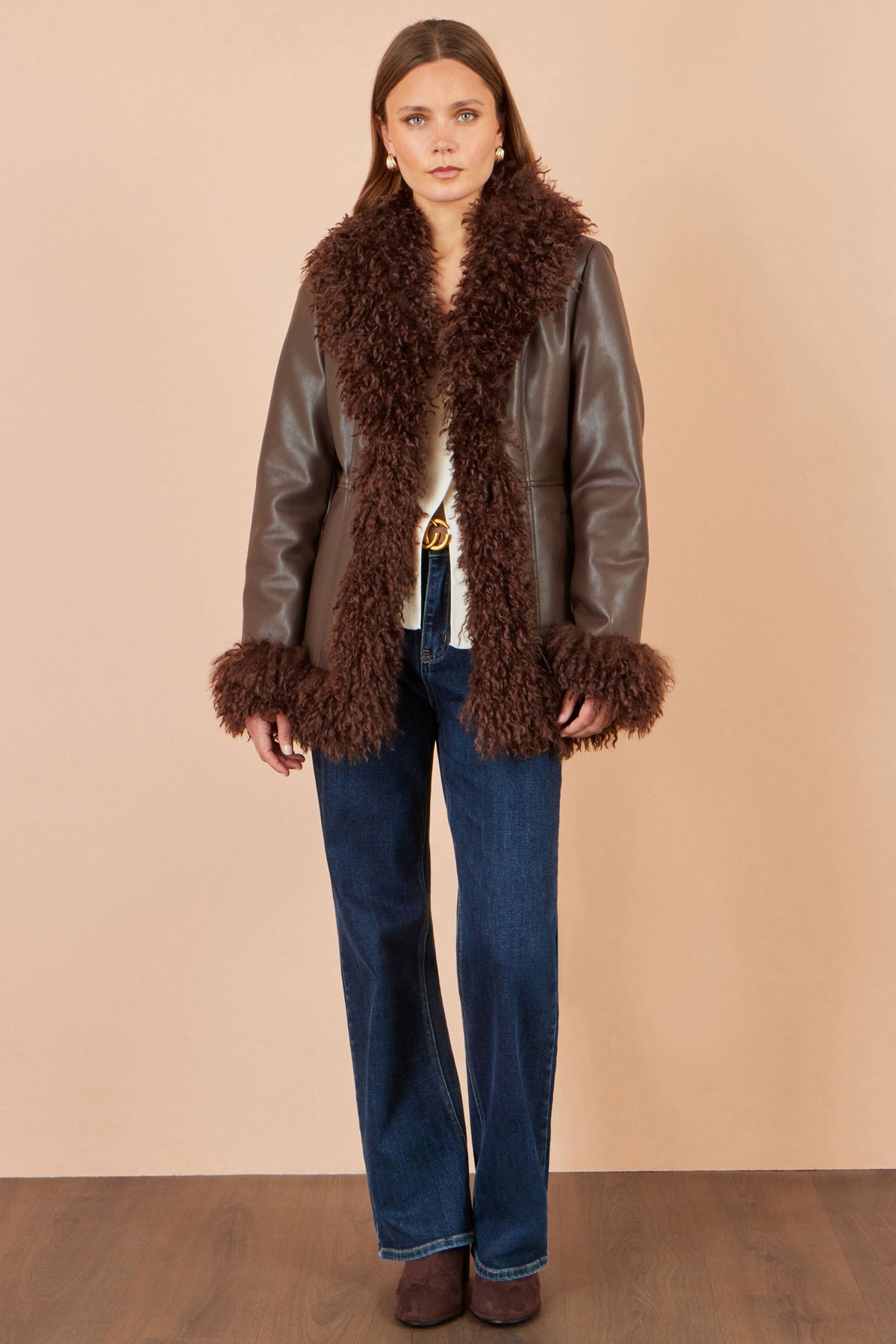 Yumi Brown Faux Leather Coat With Faux Fur Trims
