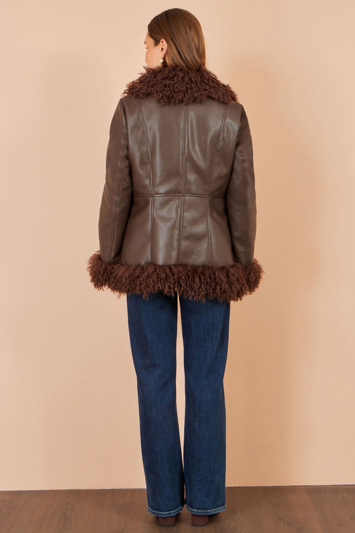 Yumi Brown Faux Leather Coat With Faux Fur Trims