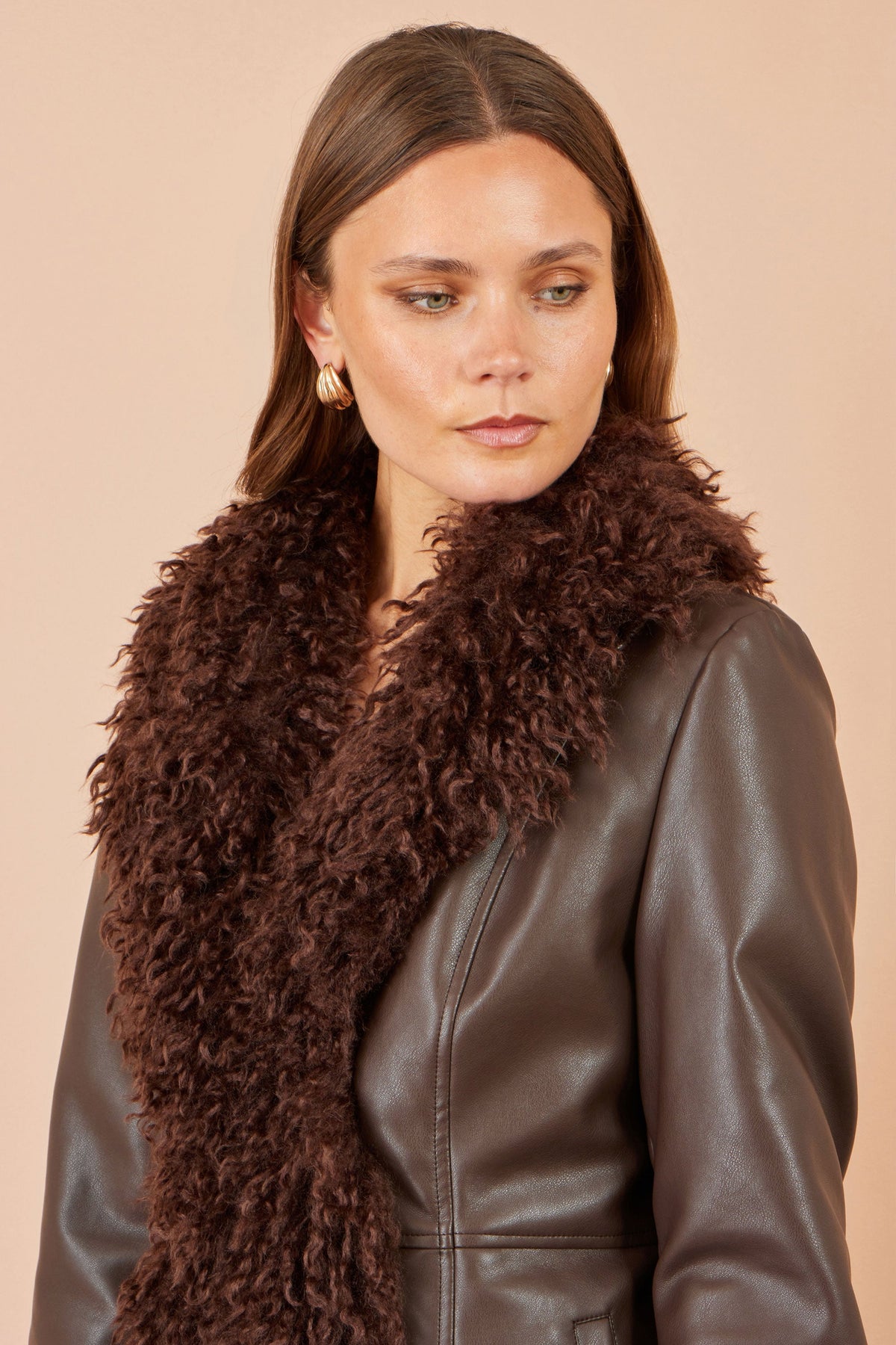 Yumi Brown Faux Leather Coat With Faux Fur Trims