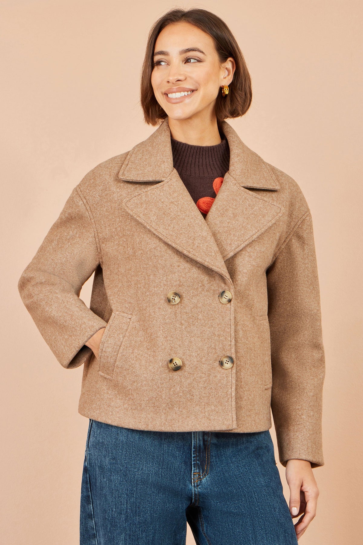 Yumi Beige Boxy Cropped Jacket