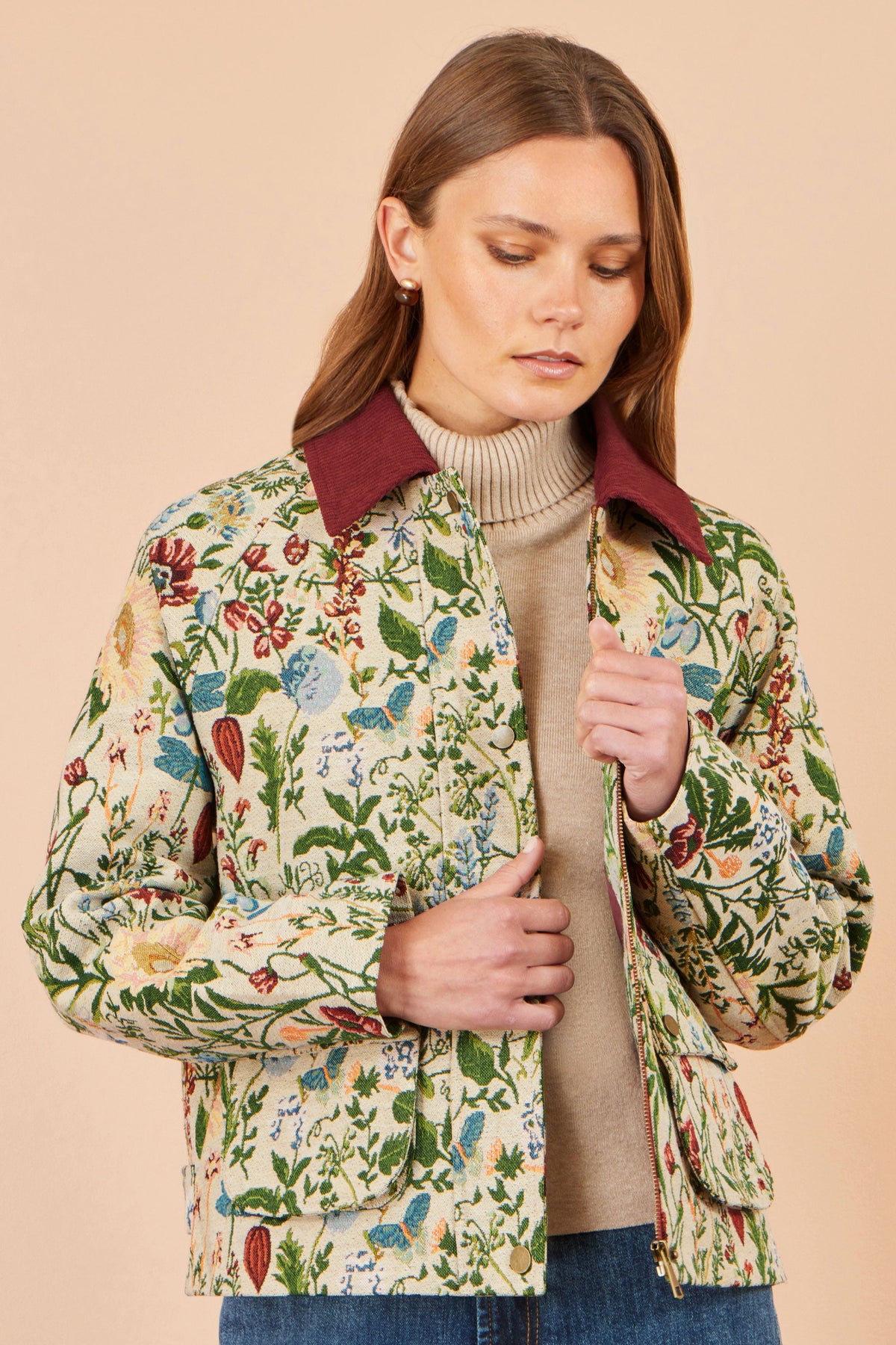 Yumi Ivory Botanical Woven Bomber Jacket