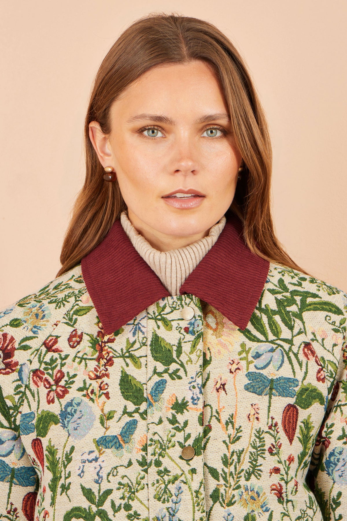 Yumi Ivory Botanical Woven Bomber Jacket