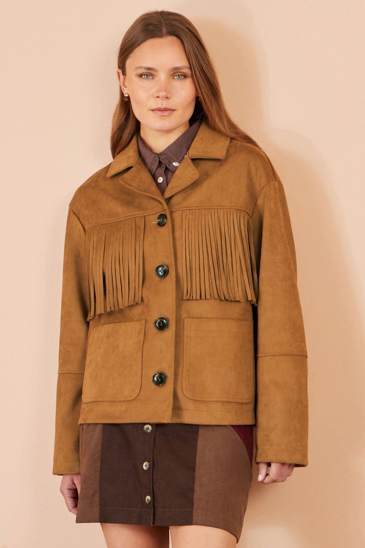 Yumi Brown Faux Suede Tassel Jacket