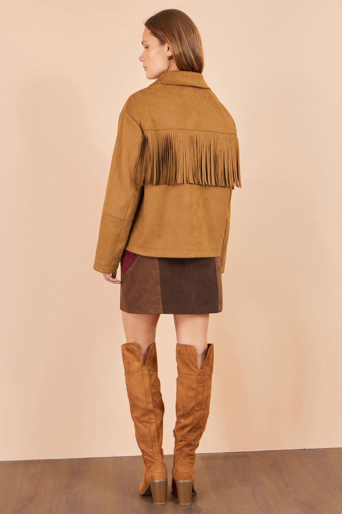 Yumi Brown Faux Suede Tassel Jacket