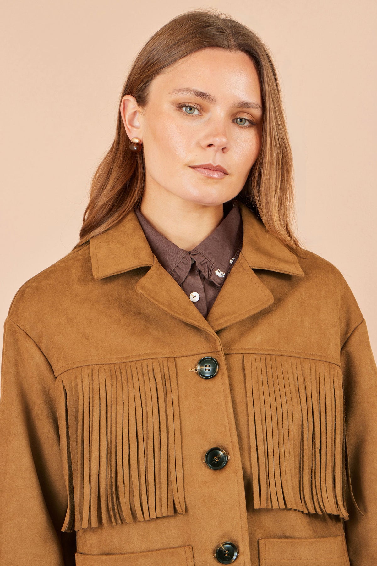 Yumi Brown Faux Suede Tassel Jacket