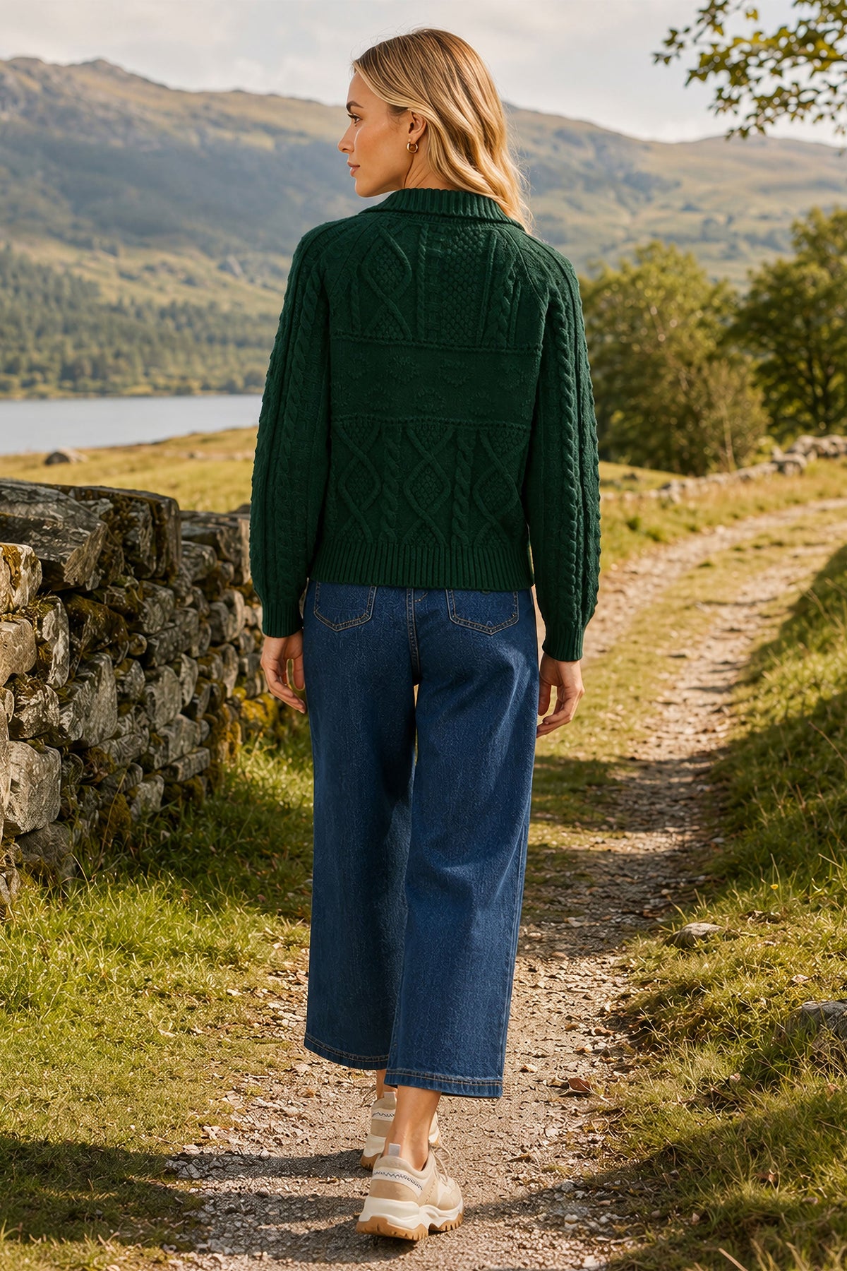 Yumi Green Cable Knit Boxy Jacket