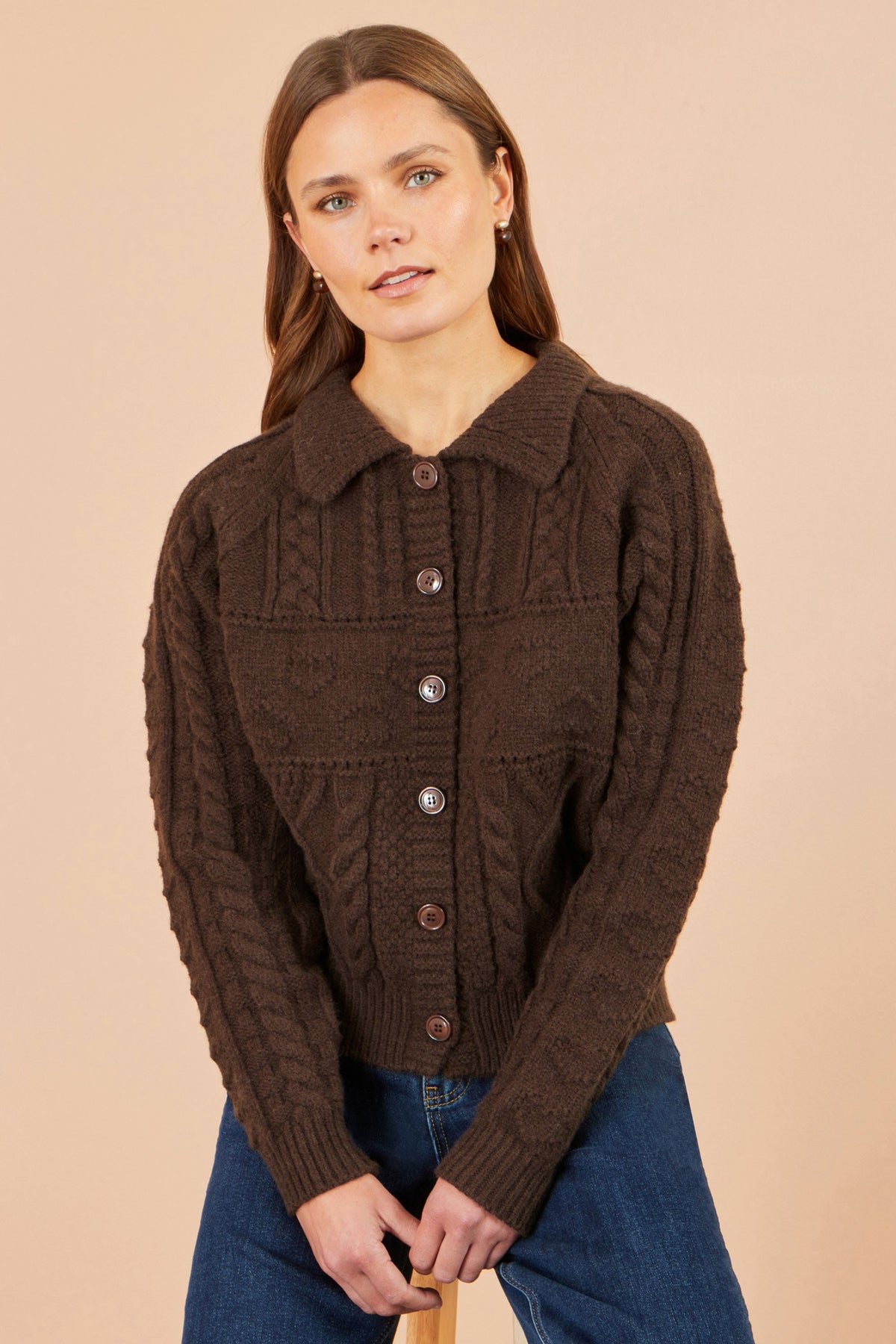 Yumi Brown Cable Knit Boxy Jacket