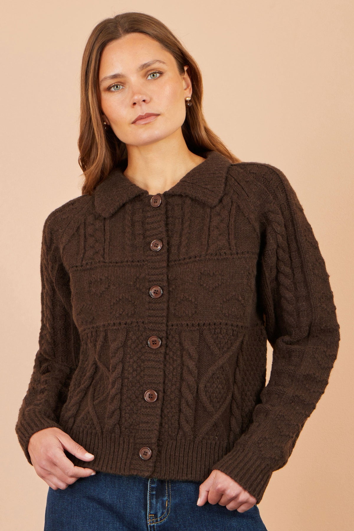 Yumi Brown Cable Knit Boxy Jacket