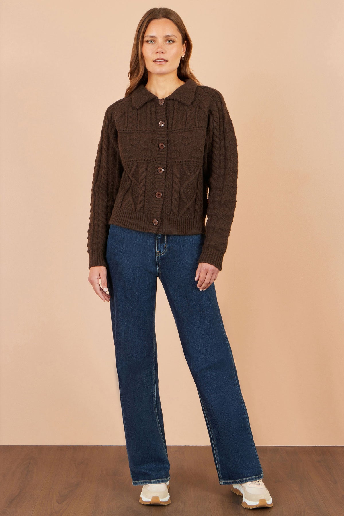 Yumi Brown Cable Knit Boxy Jacket