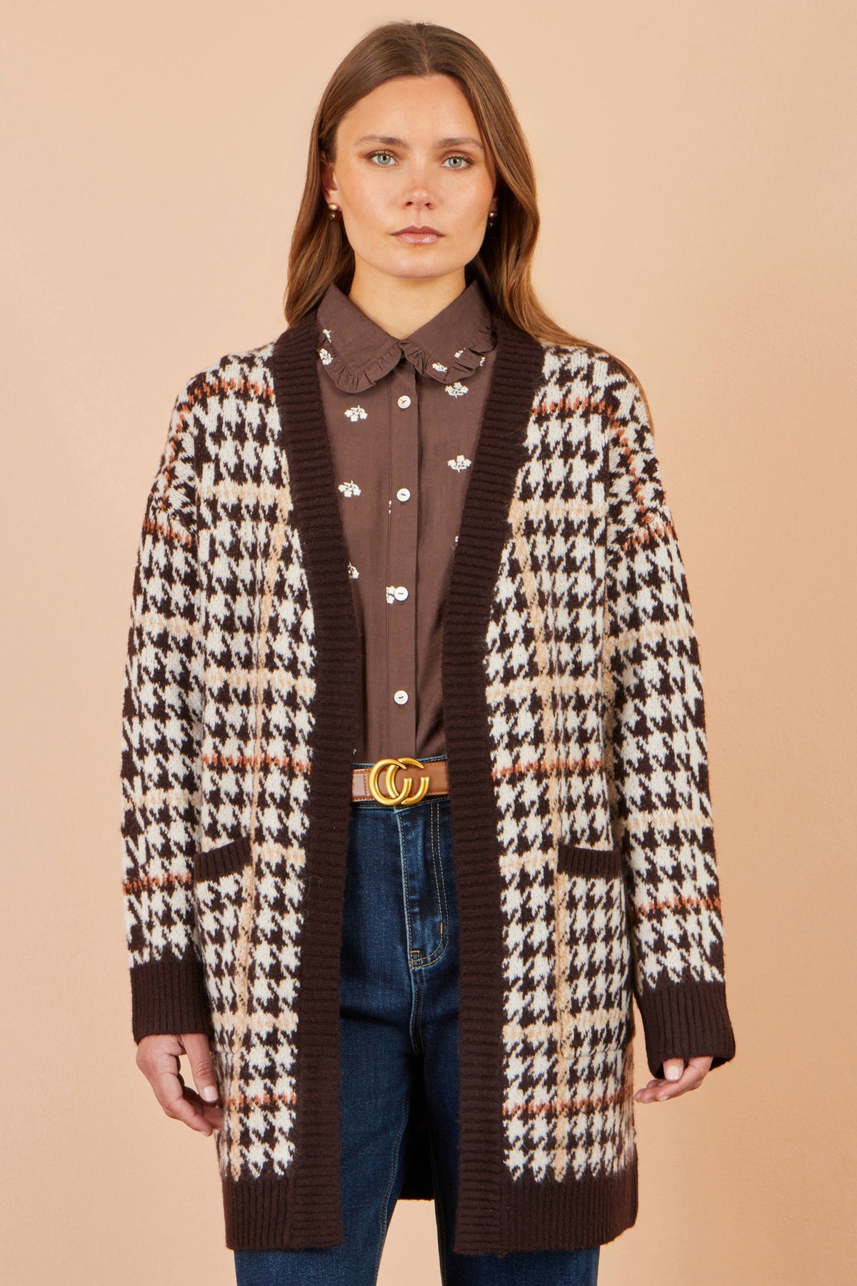 Yumi Brown Knitted Check Long Cardigan