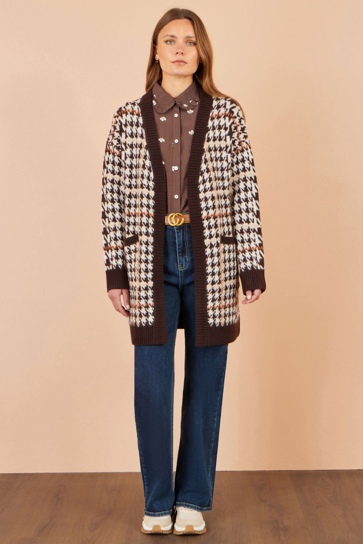 Yumi Brown Knitted Check Long Cardigan