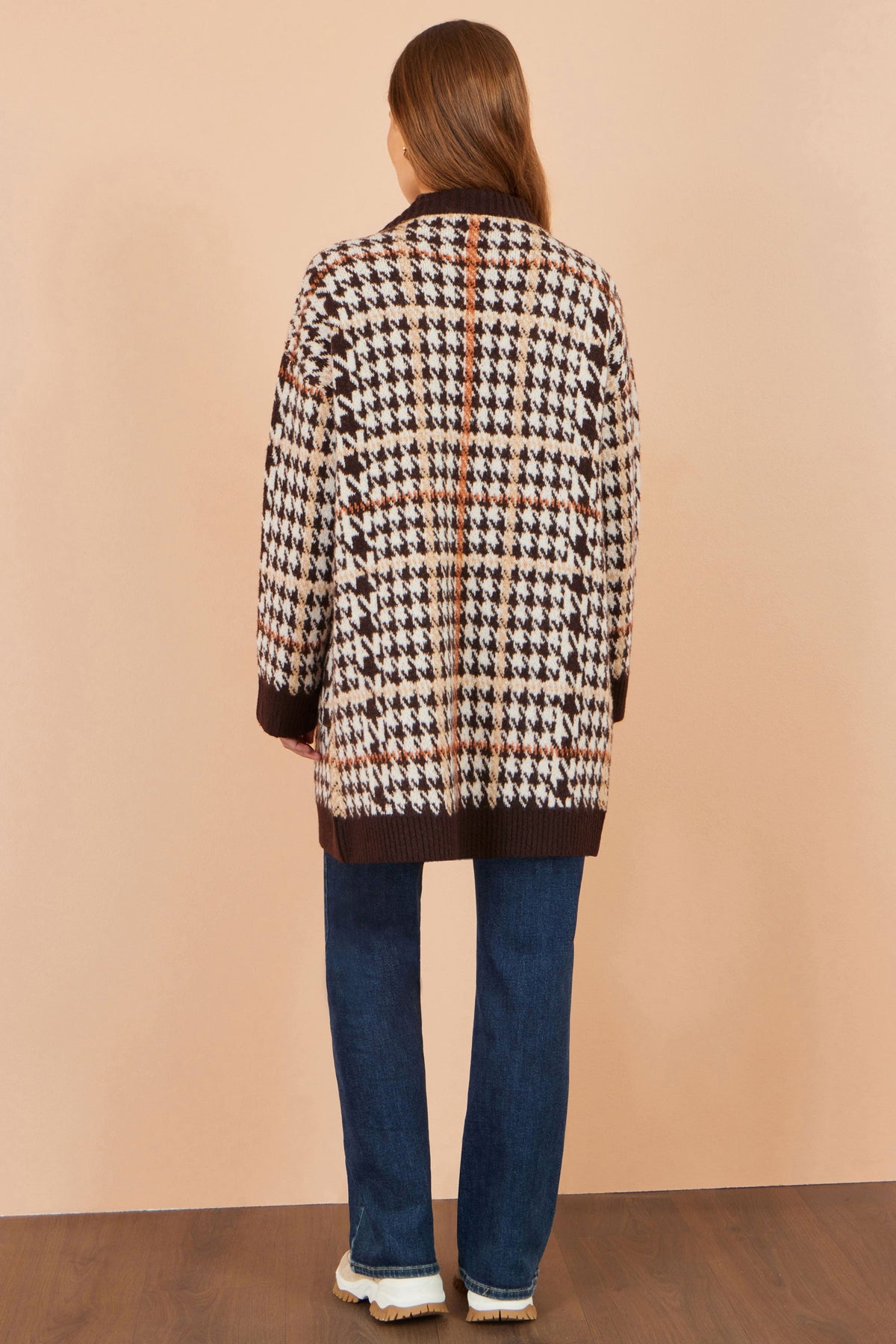 Yumi Brown Knitted Check Long Cardigan