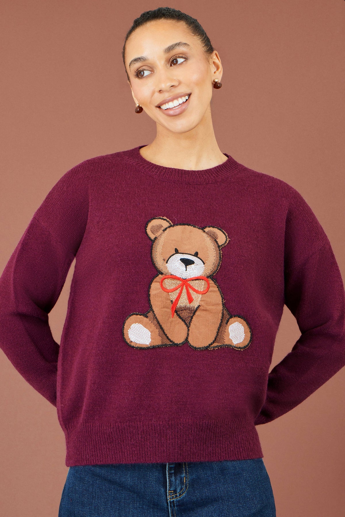 Yumi Burgundy Teddy Bear Relaxed Jumper
