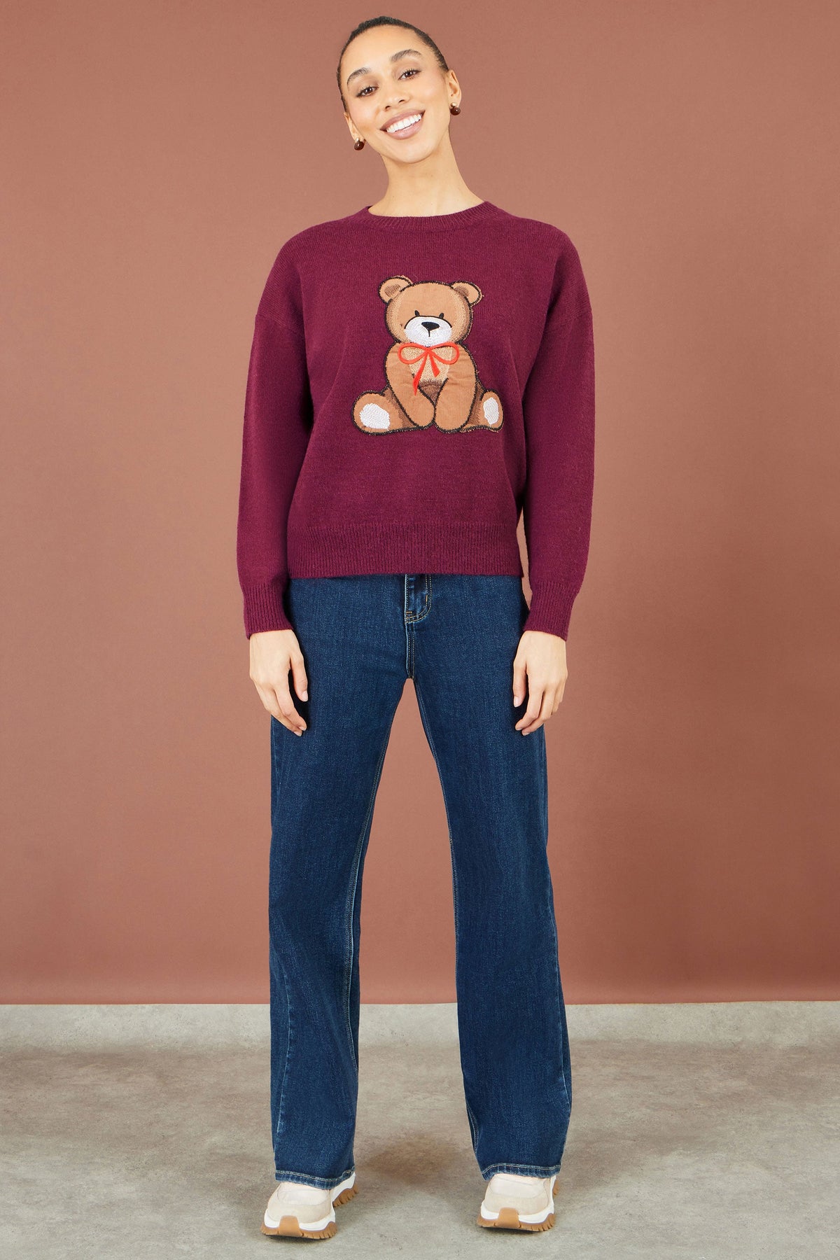 Yumi Burgundy Teddy Bear Relaxed Jumper