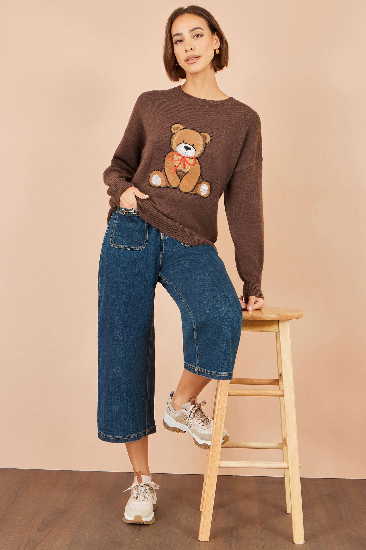 Yumi Brown Teddy Bear Relaxed Jumper