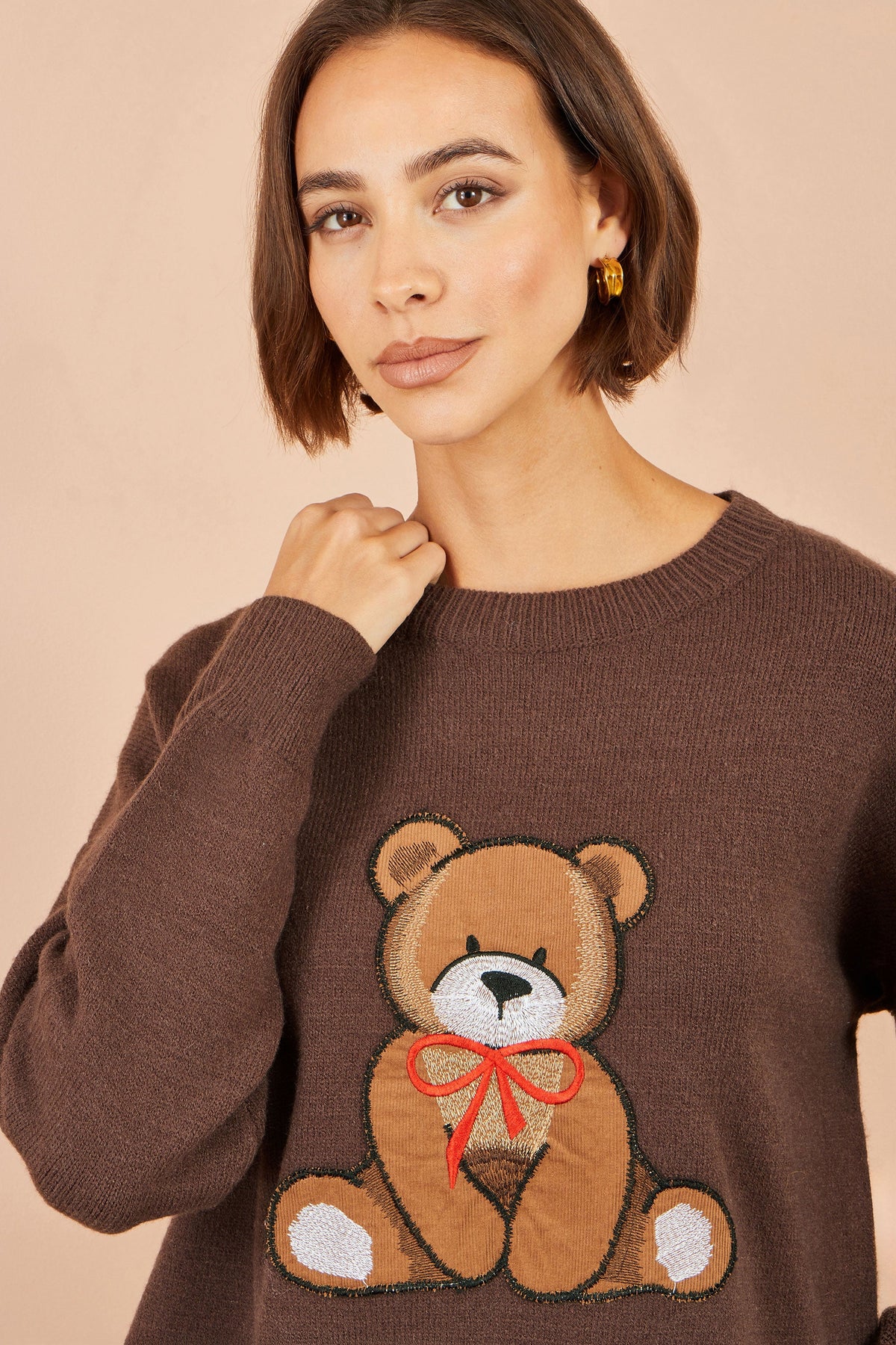 Yumi Brown Teddy Bear Relaxed Jumper
