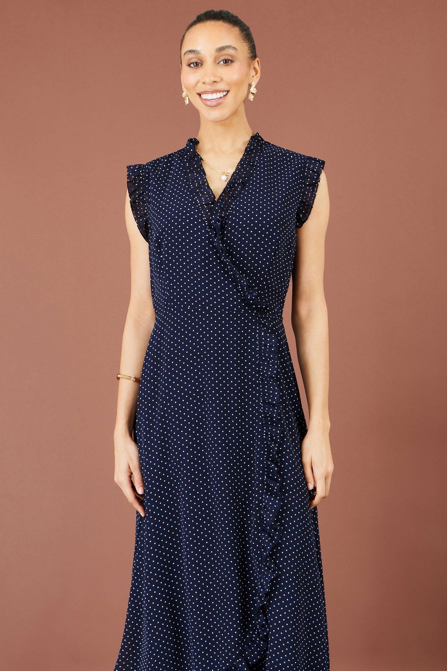 Yumi Navy Polka Dot Midi Wrap Frill Dress