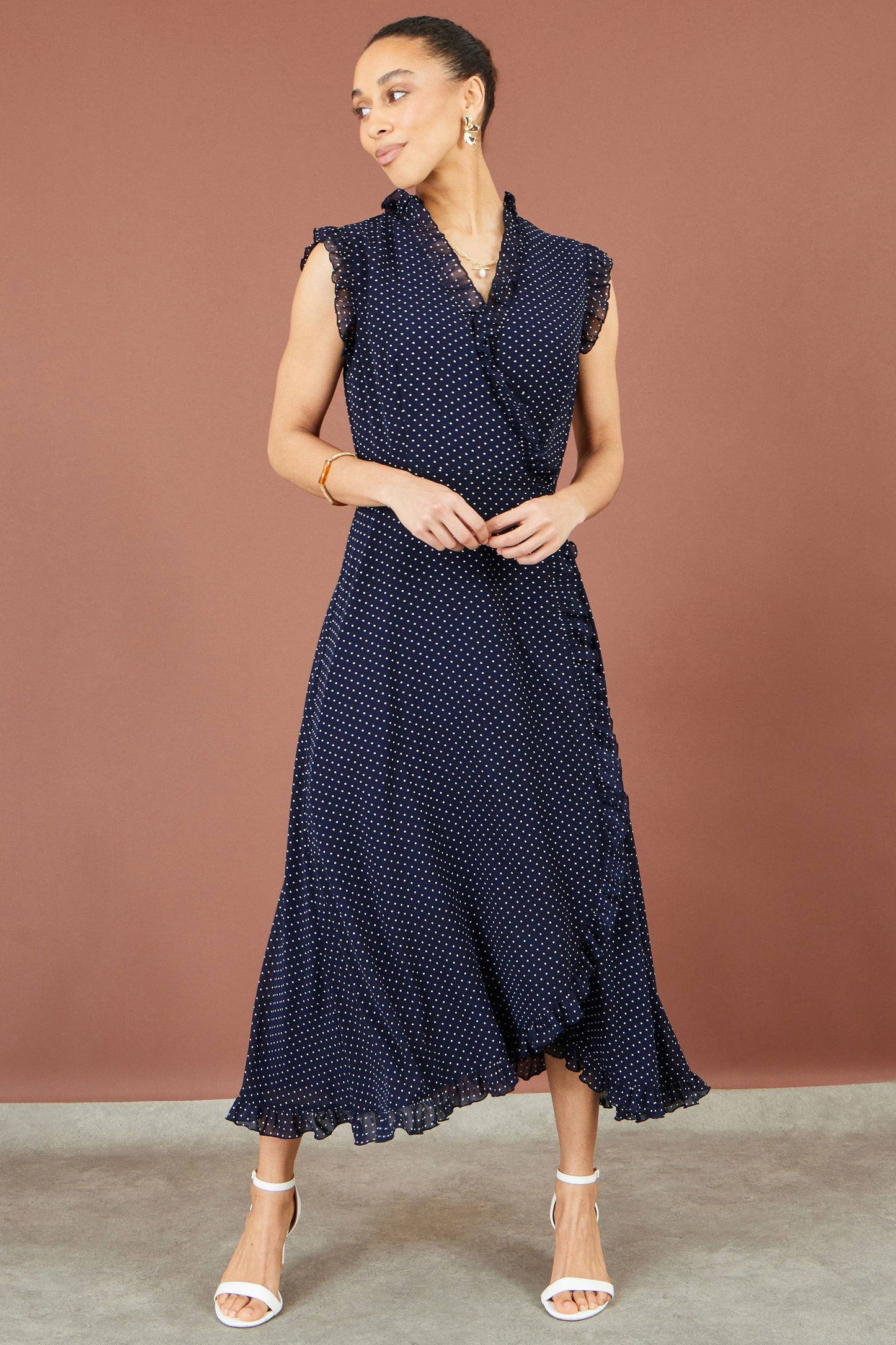 Yumi Navy Polka Dot Midi Wrap Frill Dress