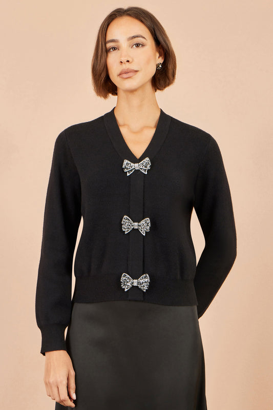 Yumi Black Sparkle Bow Cardigan