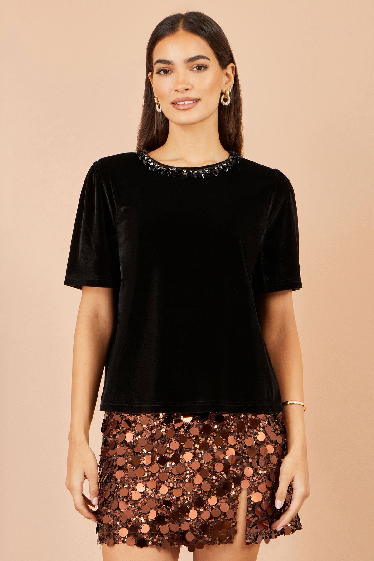 Yumi Black Velvet Embellished Neck Top