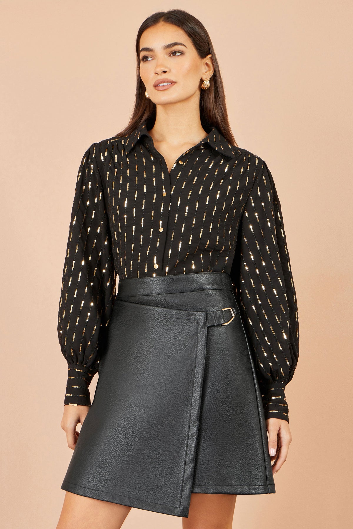Yumi Black Faux Leather Wrap Skirt