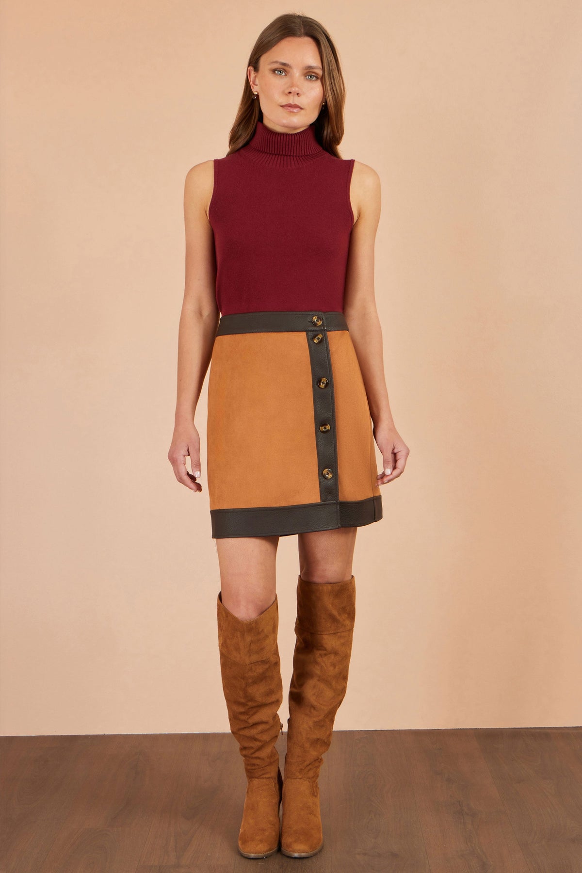 Yumi Brown Faux Suede Border Skirt