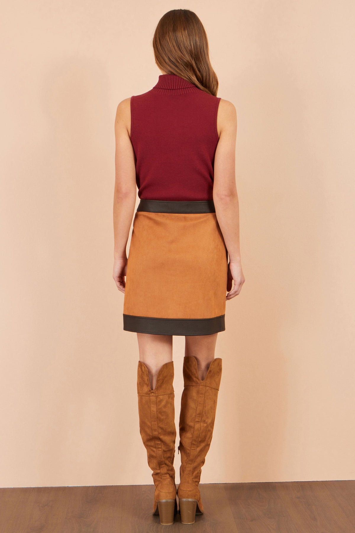 Yumi Brown Faux Suede Border Skirt