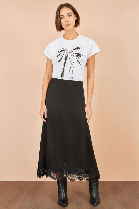 Yumi Black Satin Midi Skirt With Lace Trims