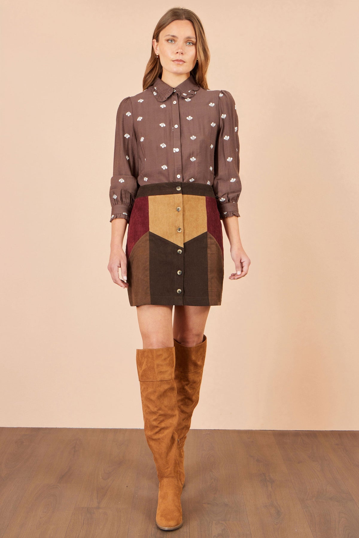 Yumi Multicolour Patchwork Cord Mini Skirt