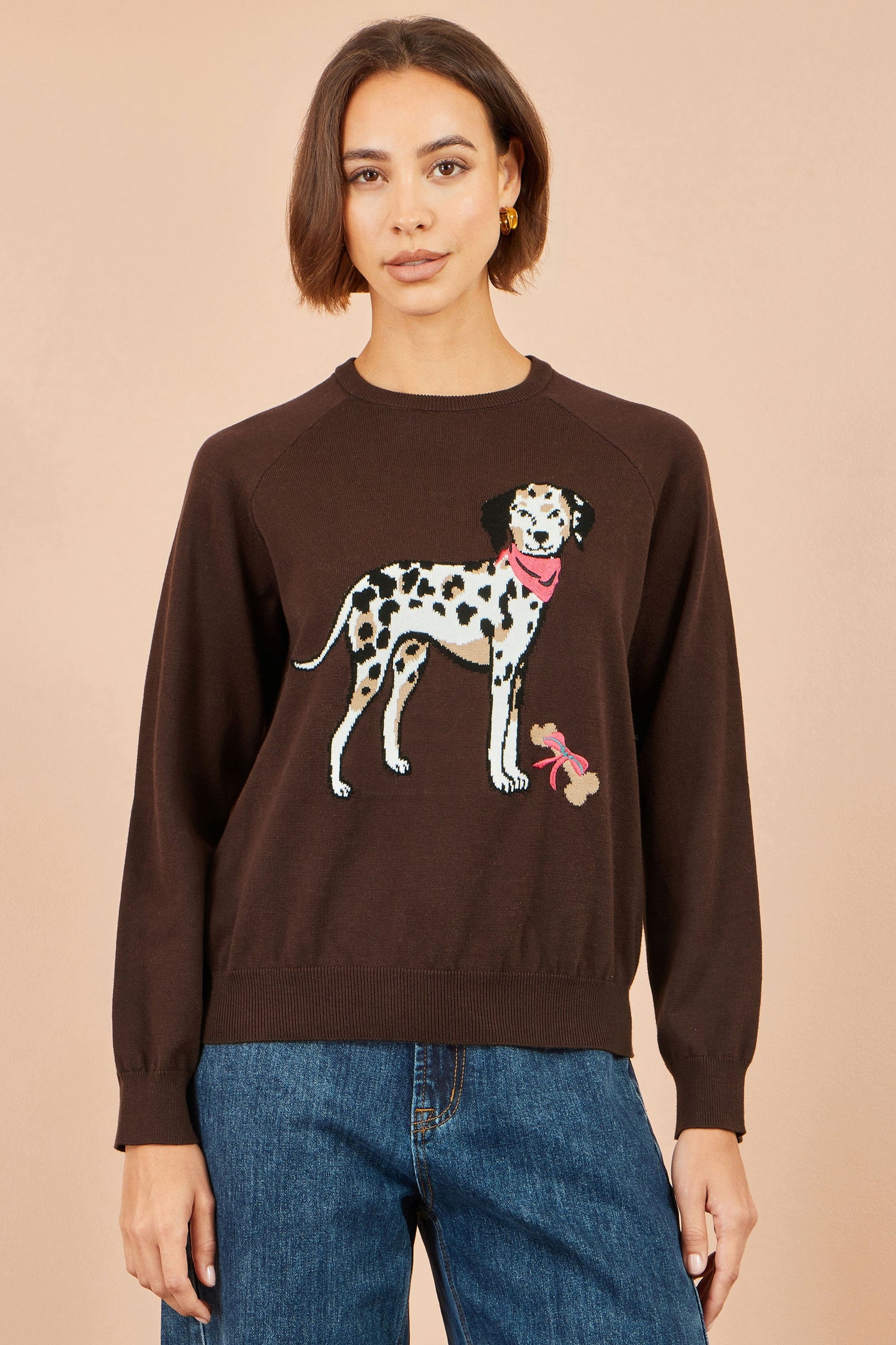 Yumi Brown Dalmatian Intarsia Relaxed Jumper