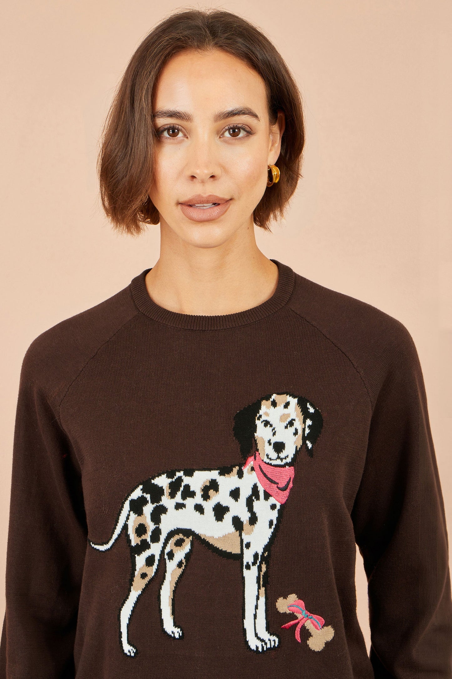 Yumi Brown Dalmatian Intarsia Relaxed Jumper