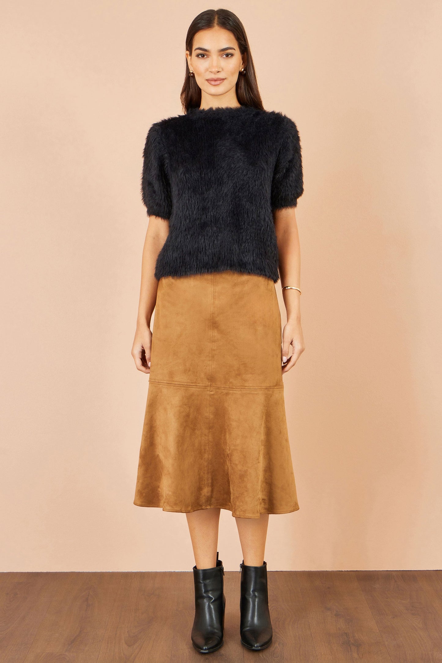 Brown Faux Suede Midi Skirt