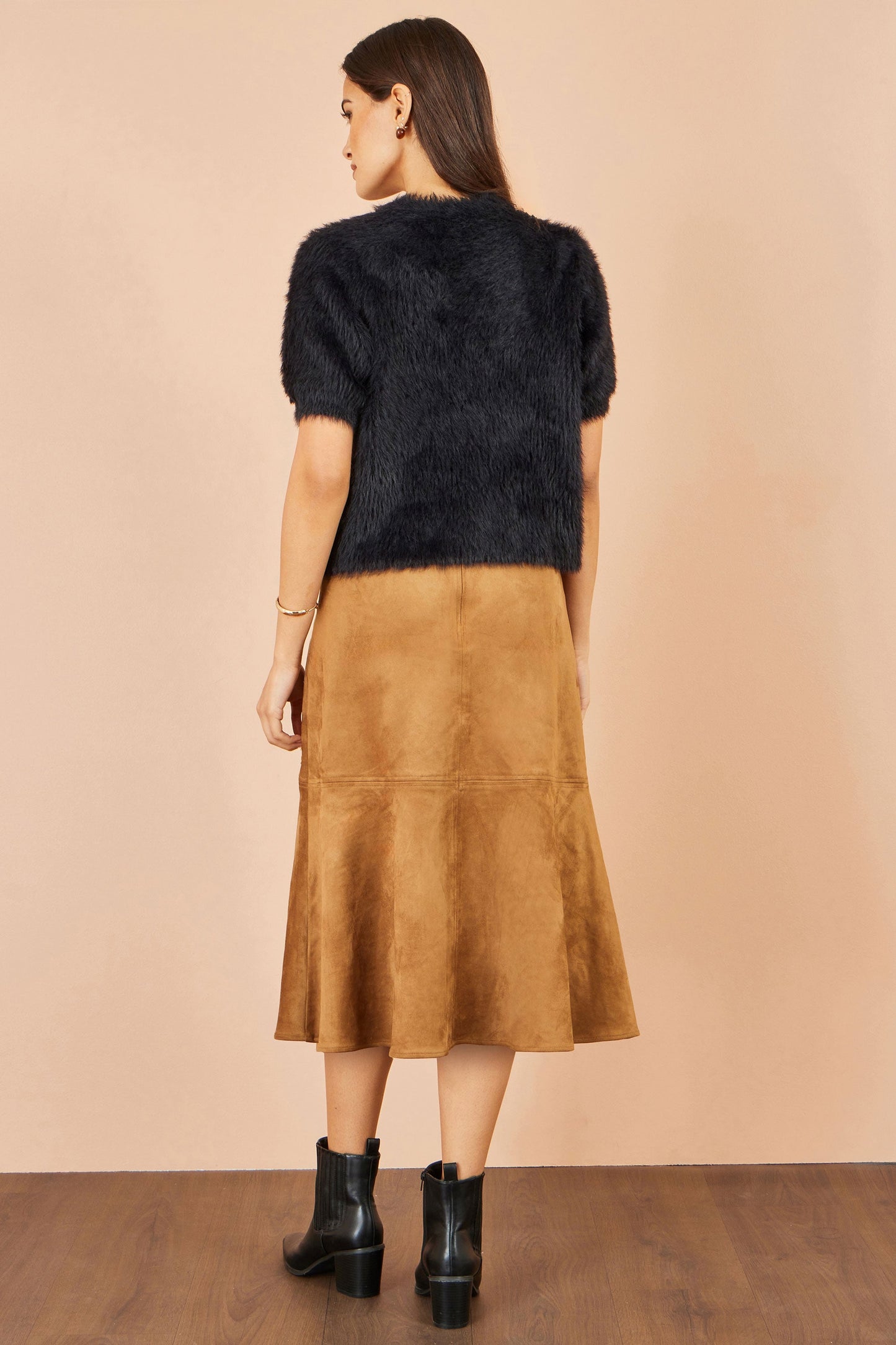 Brown Faux Suede Midi Skirt