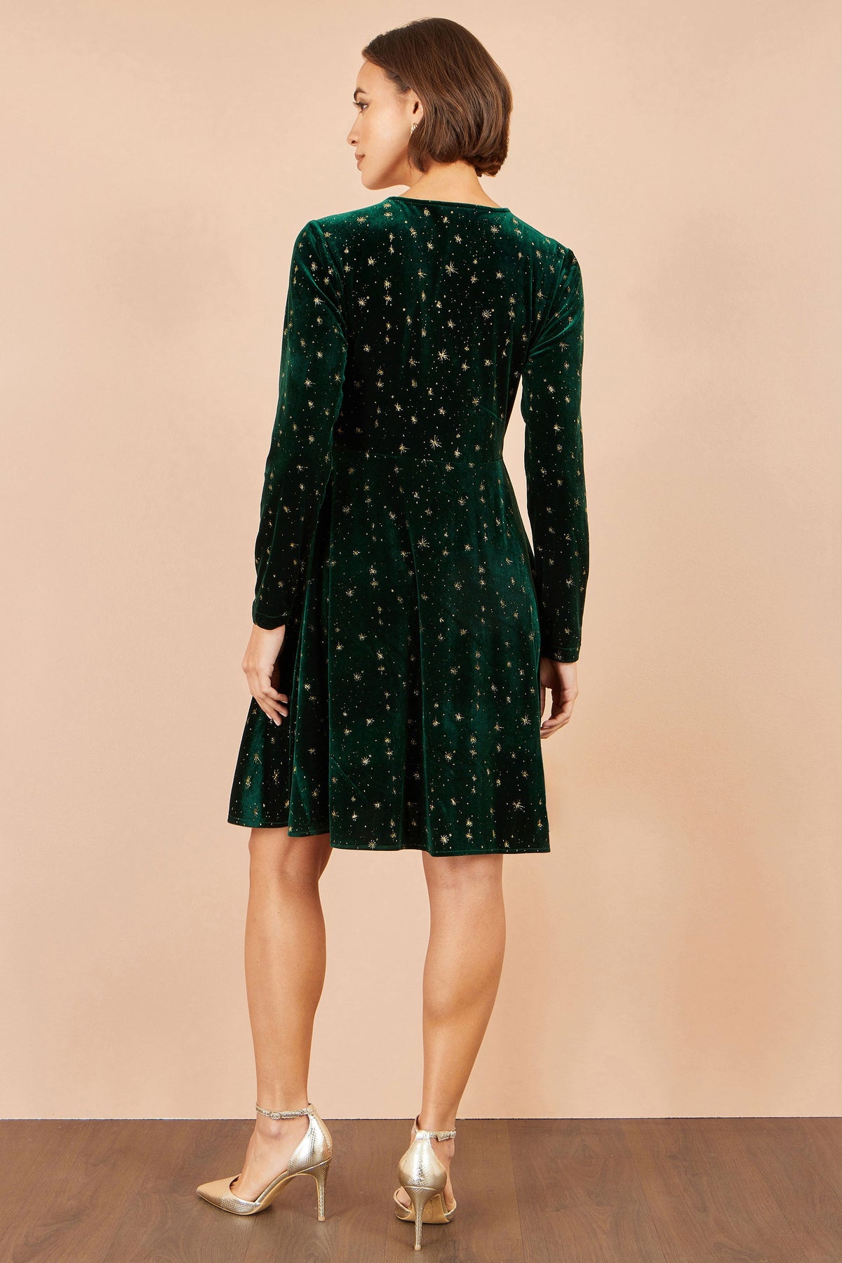Yumi Green Velvet Skater Dress With Foil Star Print
