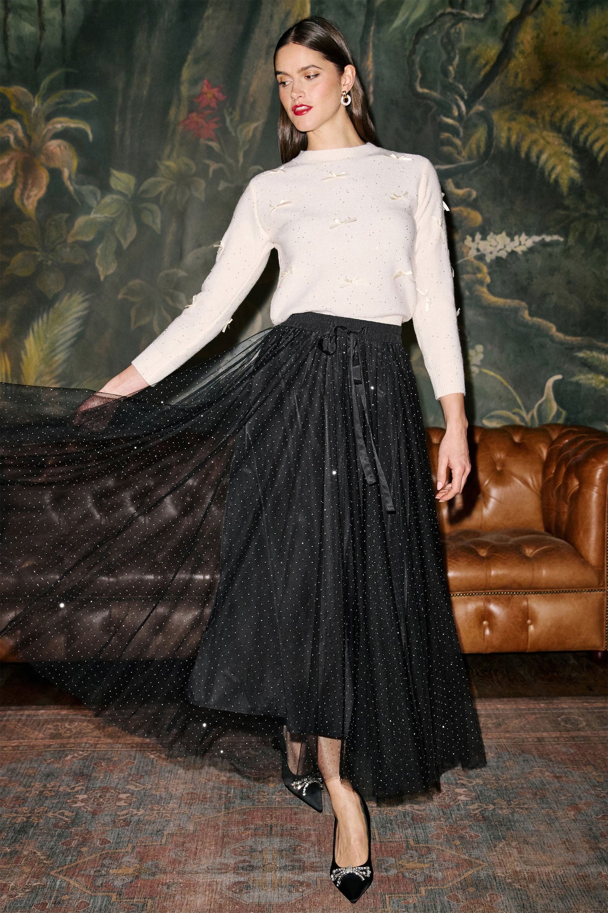 Yumi Black Diamonte Tulle Midi Skirt