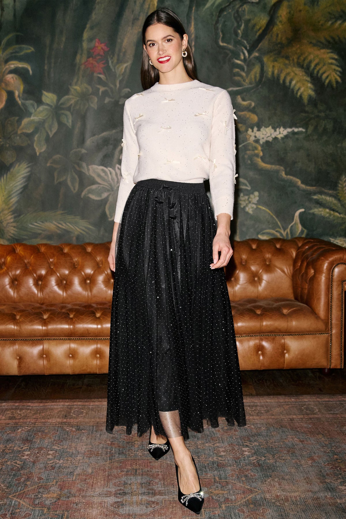 Yumi Black Diamonte Tulle Midi Skirt