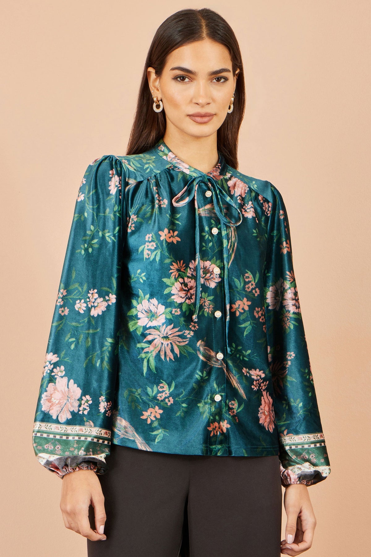 Yumi Green Floral Velvet Blouse With Tie Neckline