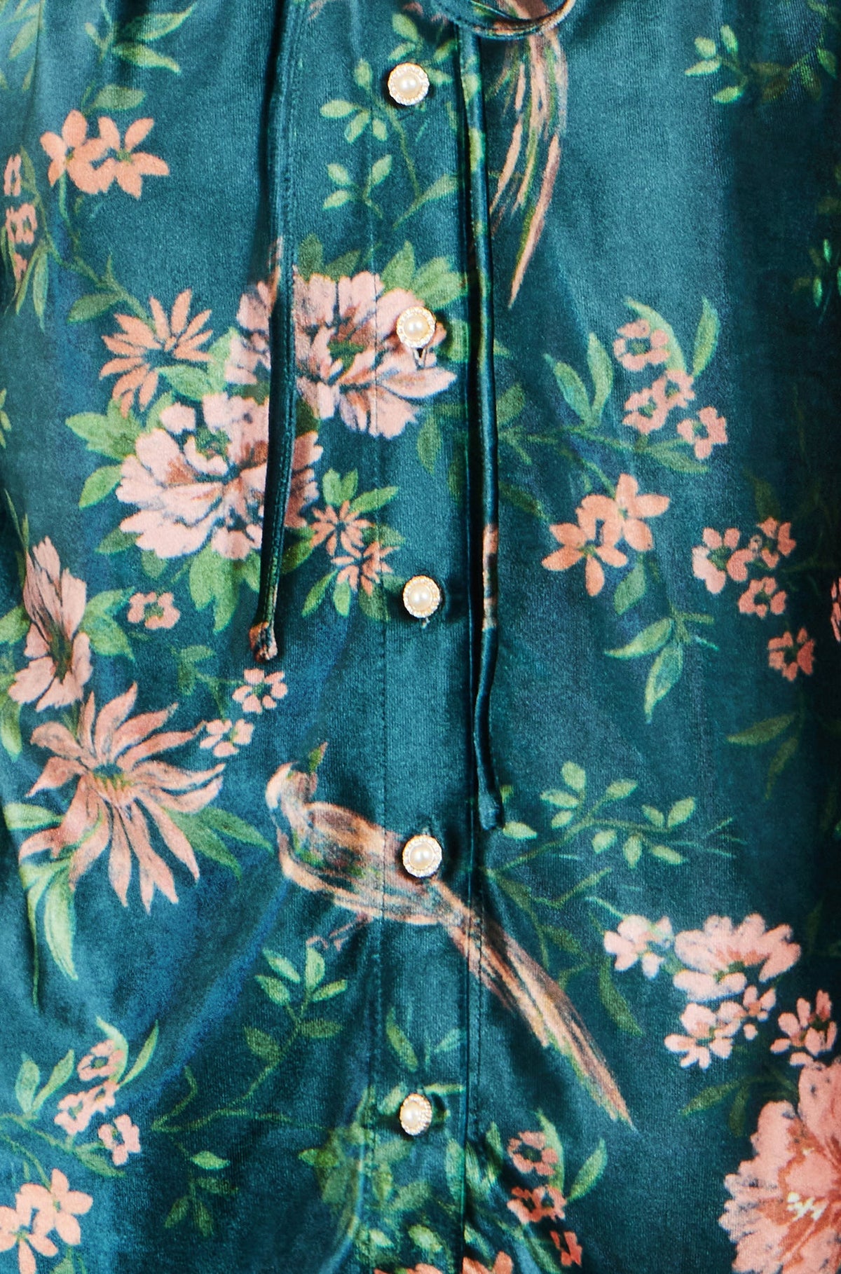Yumi Green Floral Velvet Blouse With Tie Neckline
