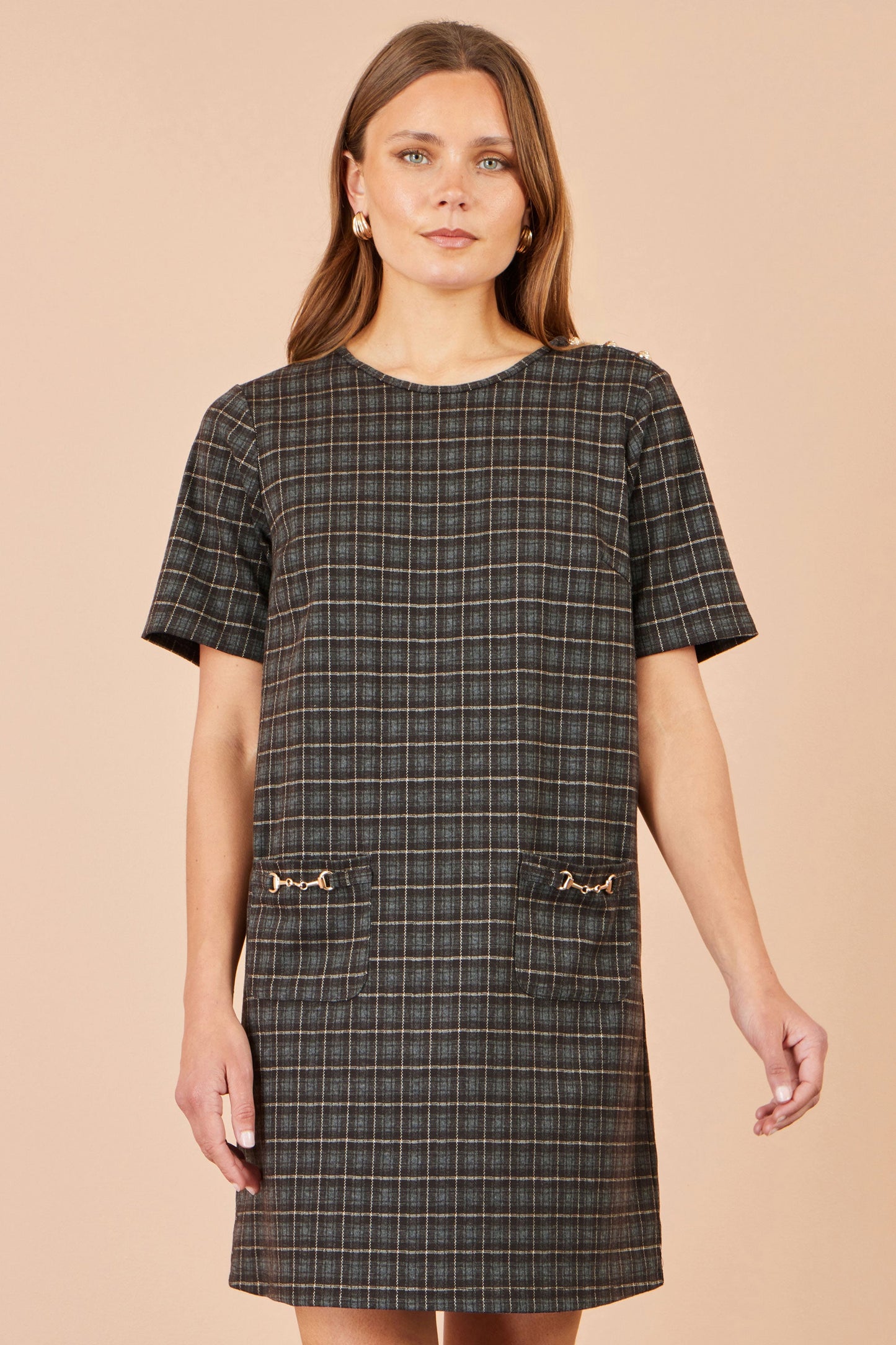 Yumi Brown Check Tunic With Buckles