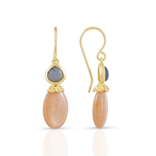 Persephone Double Gemstone Earrings Peach Moonstone & Labradorite