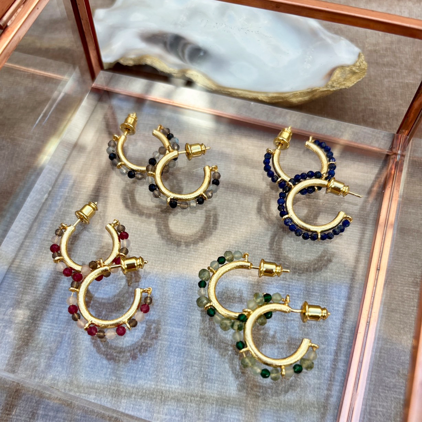 Ophelia Small Gemstone Hoops Smoky Quartz, Rose Quartz & Ruby