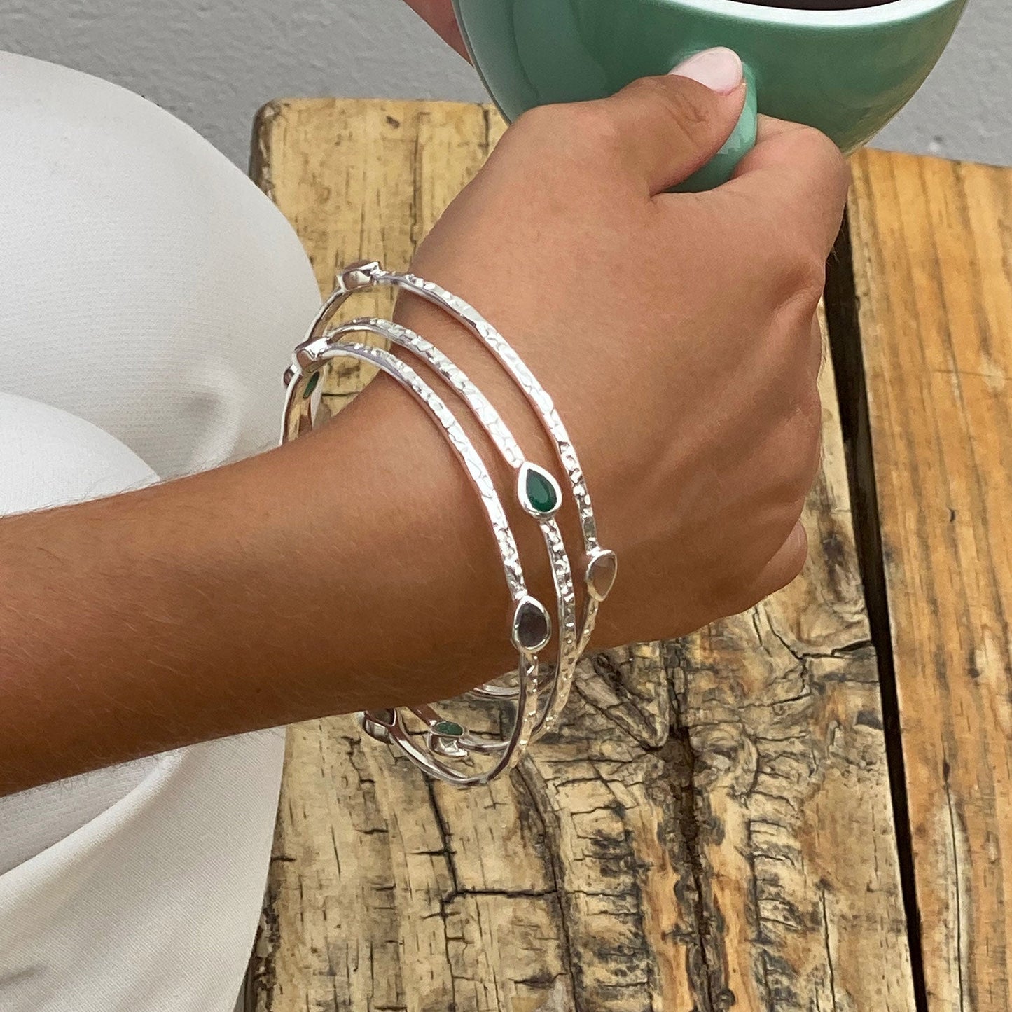 Simi Three Stone Stacking Bangle: Silver Pariba Onyx