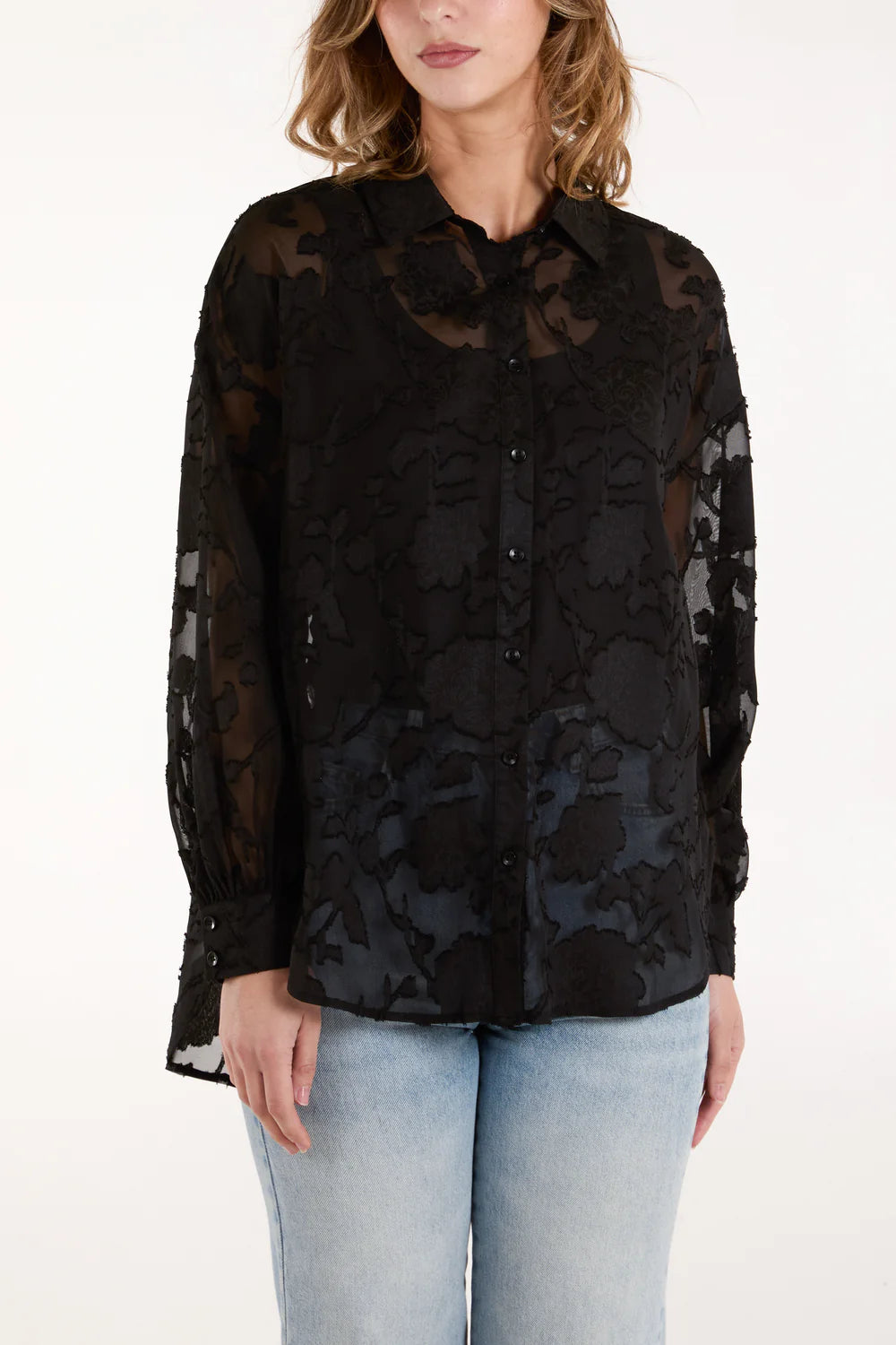Sheer black flower print shirt