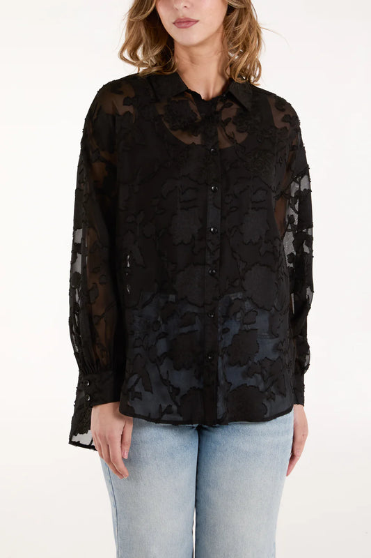 Sheer black flower print shirt
