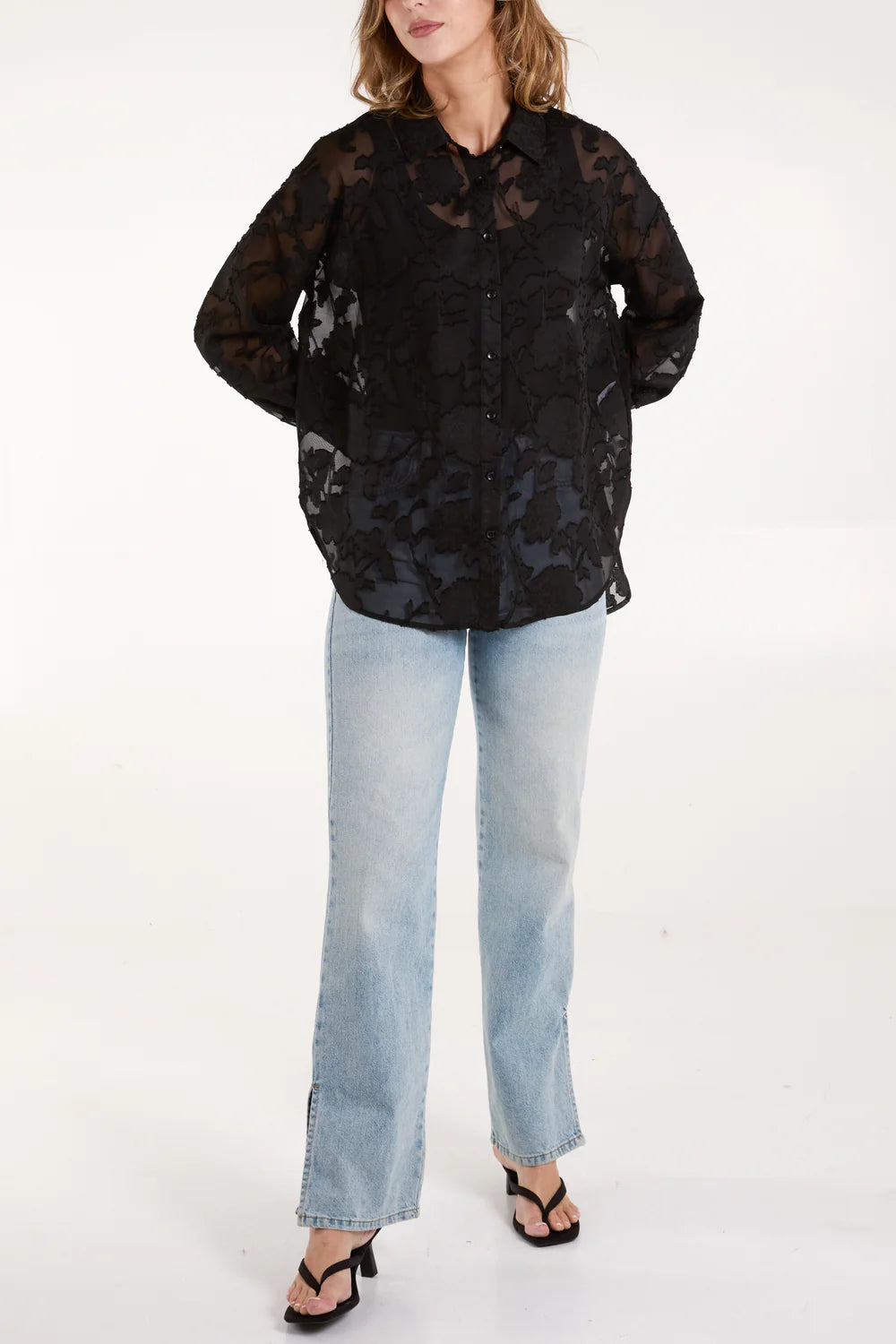 Sheer black flower print shirt