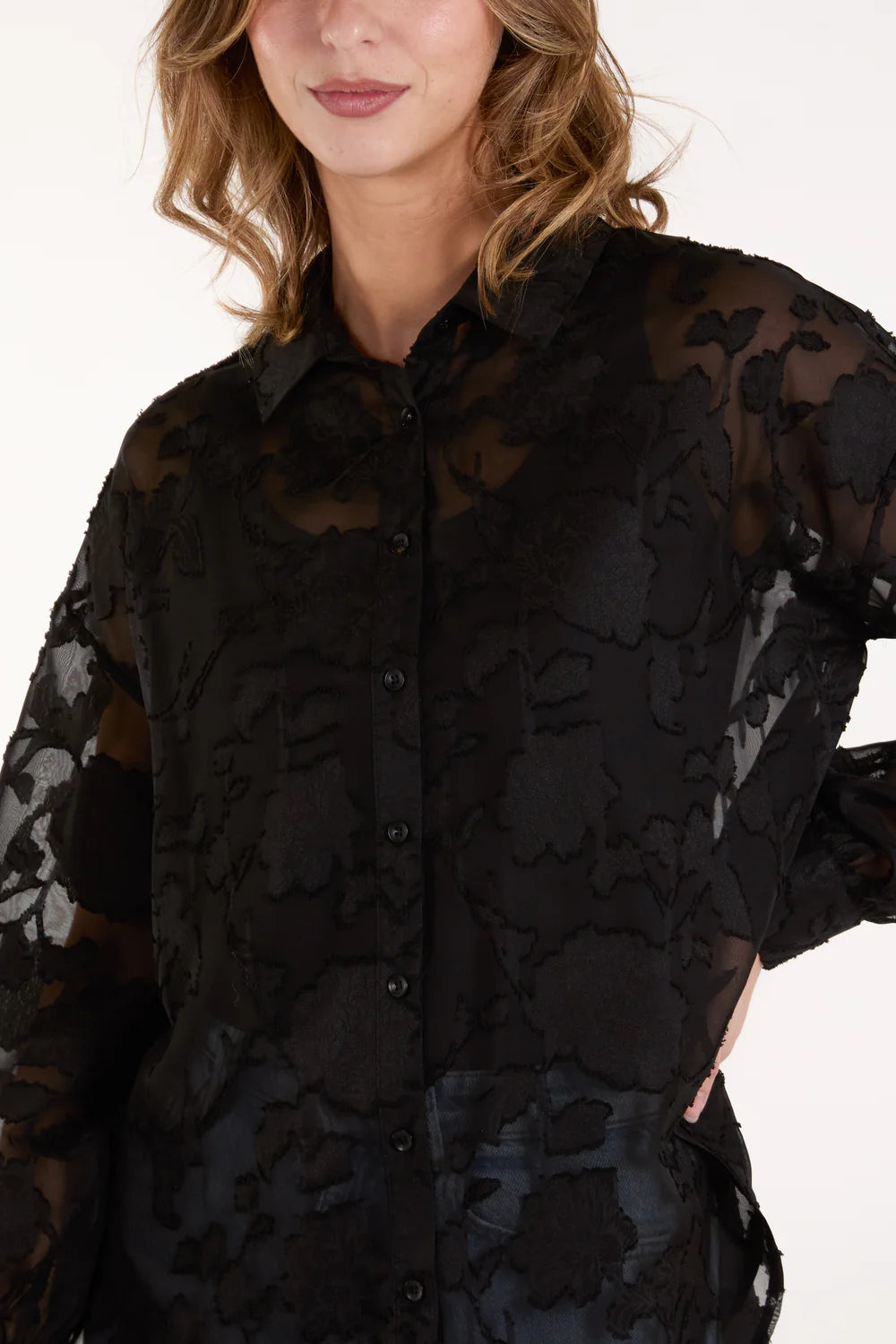 Sheer black flower print shirt